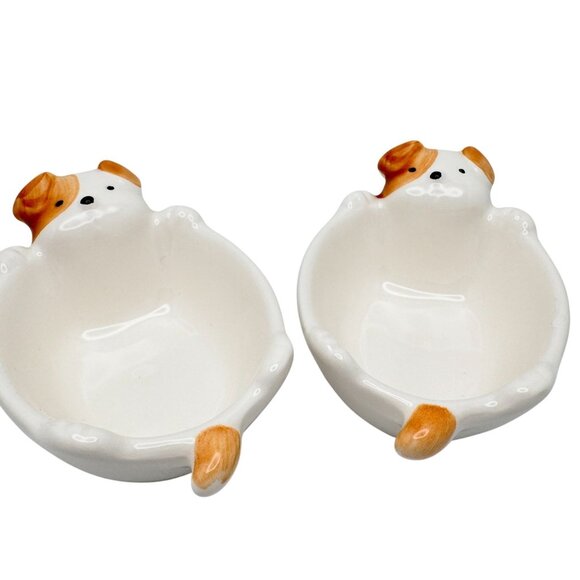 Kotobuki Ceramic Dog Trinket Dish Set of 2 Handcrafted Japan Beige Yellow NOS